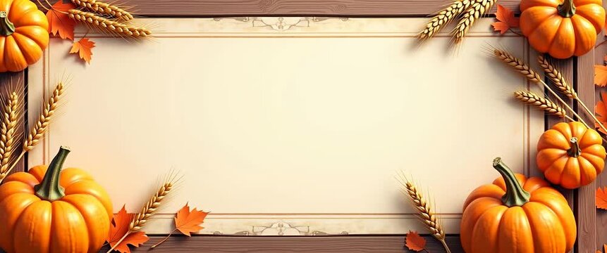 Cinematic slow pan over a festive autumn scene with pumpkins and wheat gently swaying, capturing the essence of fall harvest and Thanksgiving decor in warm, inviting tones.