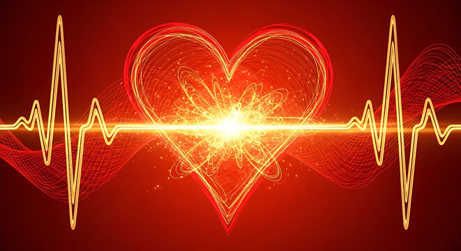 Energetic visualization of a radiant heart shape interweaved with a golden digital pulse, reflecting health, vitality, and passionate energy on a vibrant red background