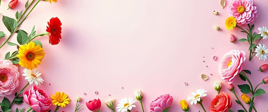 Colorful spring flowers gently sway in the breeze against a pastel pink background, with a slow panning camera capturing the vibrant blooms and a cinematic, serene atmosphere.