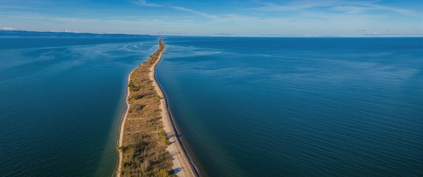 Stunning drone photography of the calm Black Sea and extended sand spit from Kinburn peninsula, Ukraine, Europe. Ideal for wallpaper. Discover Earth's natural beauty.