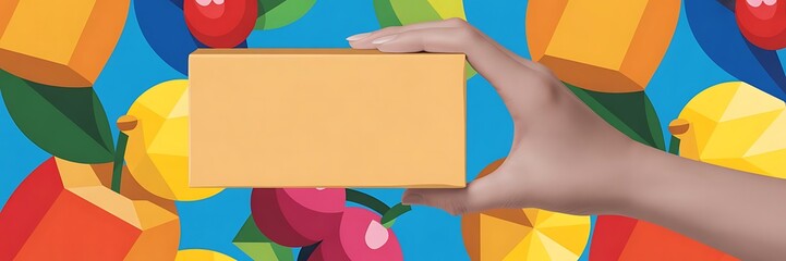 Hand holding cardboard box against colorful fruit pattern in low-poly 3D style illustration showcasing hand holding blank box.