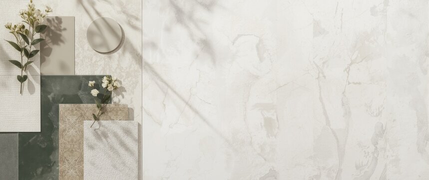 Flat lay composition for interior designer moodboard with textile, paint samples, panels, and cement tiles in beige, grey, and green tones. Copy space. Template