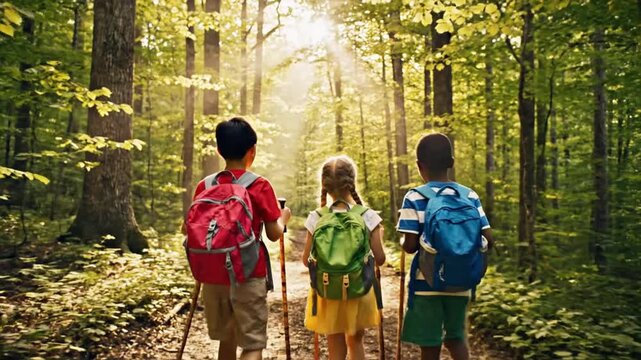 Three children on a hiking adventure in a beautiful forest with backpacks and walking sticks