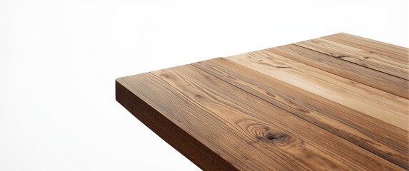 Wooden table corner perspective on white background featuring clipping path for product presentation template