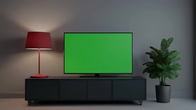 Modern living room setup with a large green screen television on a dark media console