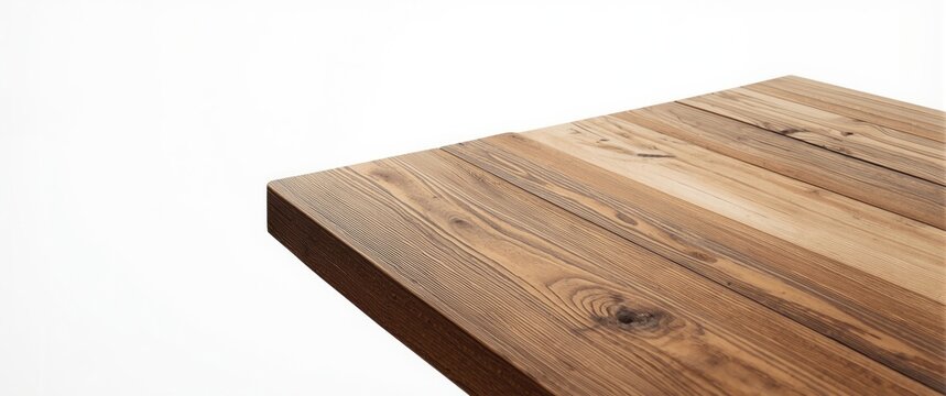 Wooden table corner perspective on white background featuring clipping path for product presentation template