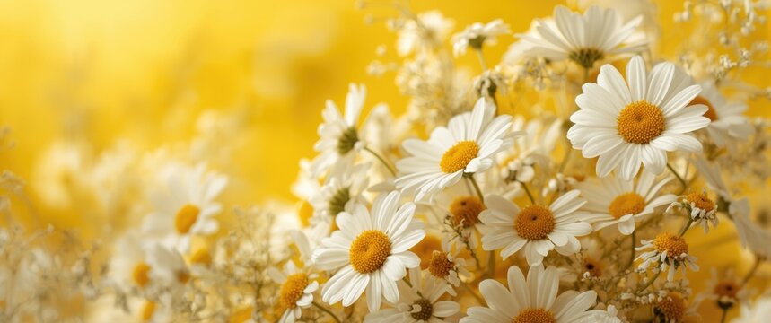 Flowers composition featuring chamomile on yellow backdrop