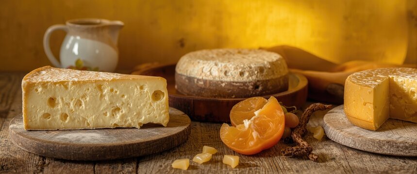 Assortment of Cheeses Including French Fol Epi with Tiny Holes and Ossau Iraty in Close Range
