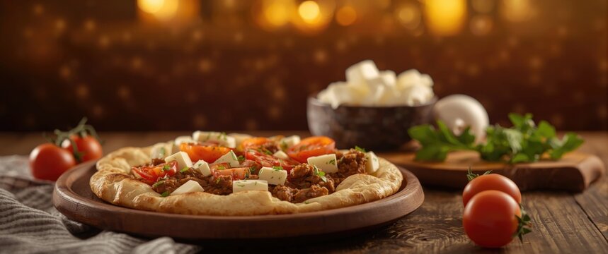 Kiyma Kusbasi peynir kasarli pide: Turkish pita with minced cubed meat and cheese