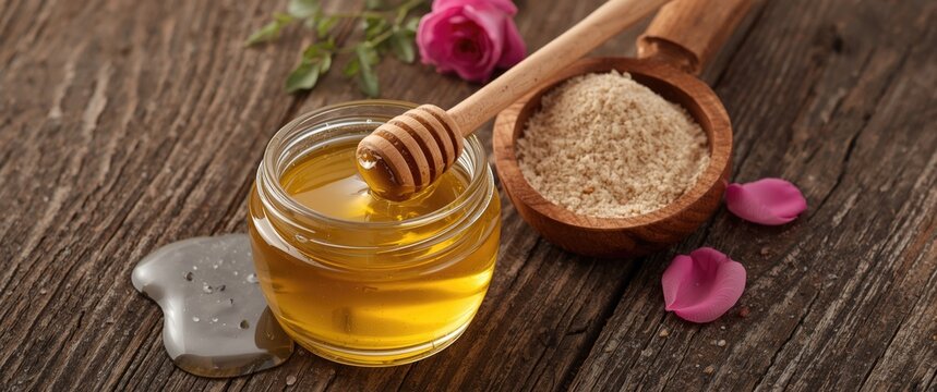 Honey & Gram flour organic herbal face pack with thick liquid and rose petals for acne and pimple cure on wooden surface, suitable for males and females