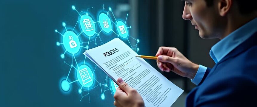 Business professional reviews policy document in a modern office, with digital icons subtly animating; camera pans smoothly to highlight focused analysis, in a cinematic style.