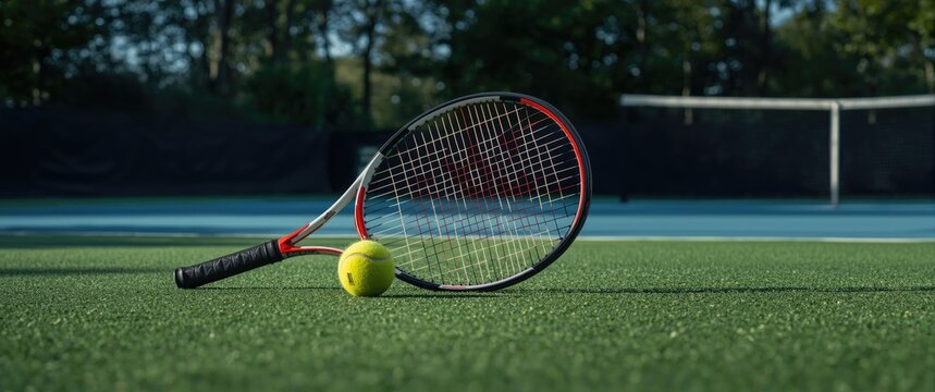 Tennis court scene with racquet and ball captured in photo
