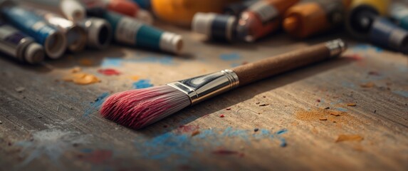 Obraz premium Paintbrush used by artist on wooden table backdrop