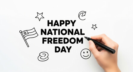 Hand holding marker drawing doodles next to happy National Freedom Day typography on white background