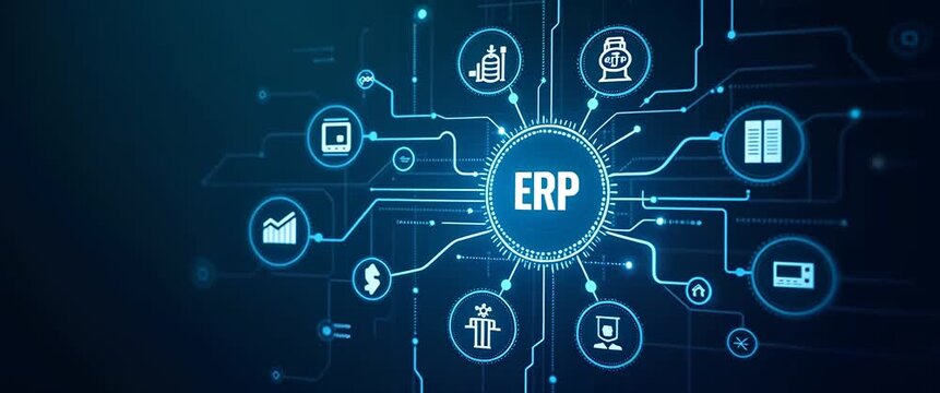 Dynamic digital network interface illustrating ERP systems, featuring glowing icons in a futuristic style; camera slowly pans across interconnected elements with gentle ambient motion.