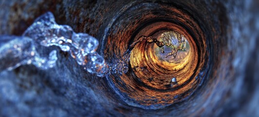 Fototapeta premium The Water Stream Inside a Rusty Circular Pipe Illuminated by Golden Sunlight