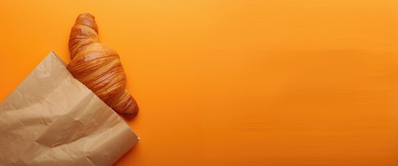 A croissant emerging from a paper bag against a background