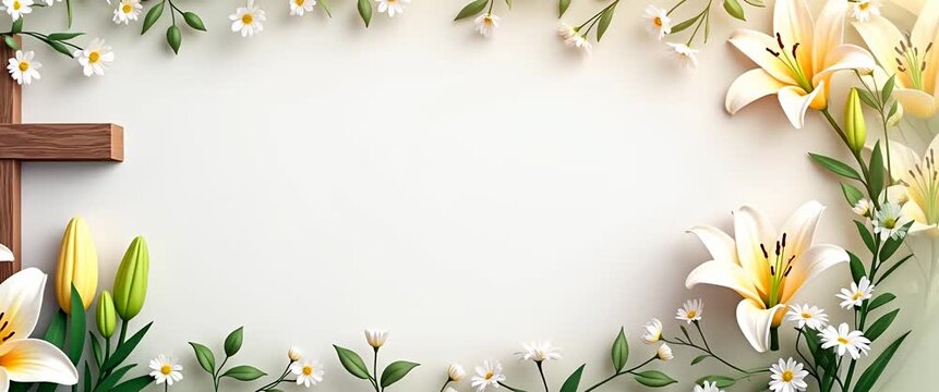 Elegant floral border with lilies and daisies gently swaying around a wooden cross, as the camera slowly pans across the serene, minimalist composition, in a cinematic style.