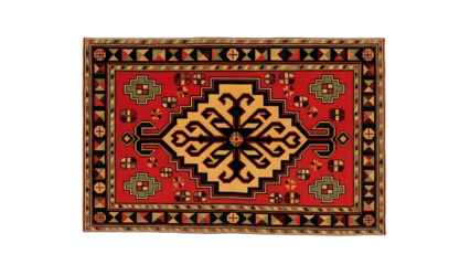 Vibrant red and black traditional oriental rug with intricate yellow design isolated on transparent background