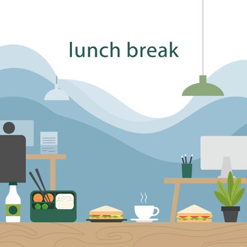Workplace Lunchtime Scene Featuring Food, Beverages, and Office Elements in Flat Design Style
