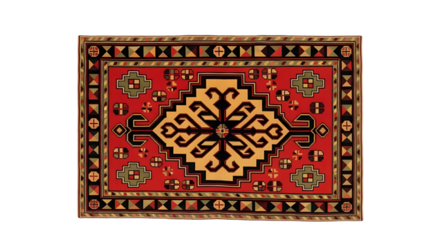 Vibrant red and black traditional oriental rug with intricate yellow design isolated on transparent background - Powered by Adobe