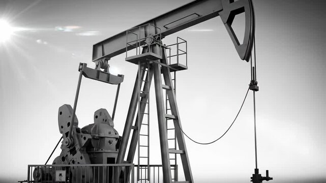 Monochromatic rendering of an oil pump jack against a gradient background.