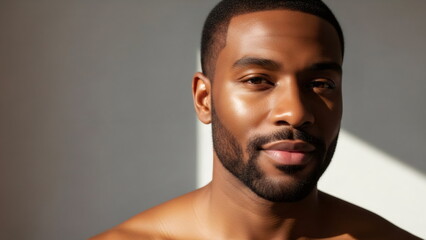 Obraz premium A young African American man looks at the camera with a friendly smile. A close-up portrait, symbolizing individuality and positive emotions. Against a light background. Copy space.