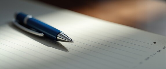 Blue plastic and metal ballpoint pen collection on a lined notebook