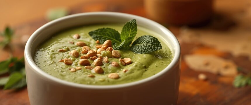 Mint chutney dip served in a white bowl