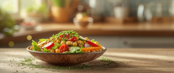 Healthy Vegetarian Salad Featuring Chickpeas, Radish, Tomatoes, Cucumber, Lettuce, Pepper, and Green Onion