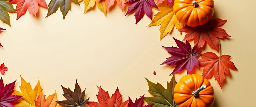 Autumn leaves gently sway around vibrant pumpkins, with a slow panning camera creating a serene, cinematic scene perfect for Thanksgiving and fall-themed projects.