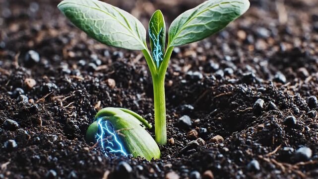 Glowing seed germinating and growing into a sprout