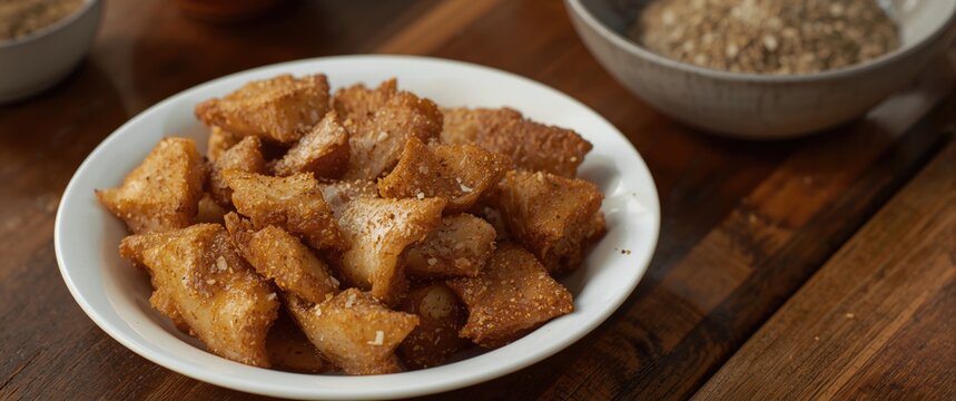 Cracklings made by melting fat and skin slices, seasoned with salt and ground pepper, served on a wooden surface