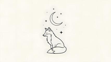 Whimsical fox sitting under a crescent moon on white background illustration