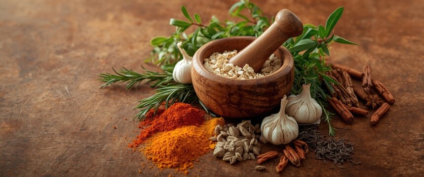 Herbs, spices, and greens selection for culinary use against a brown wood surface and mortar - Top view with copy space