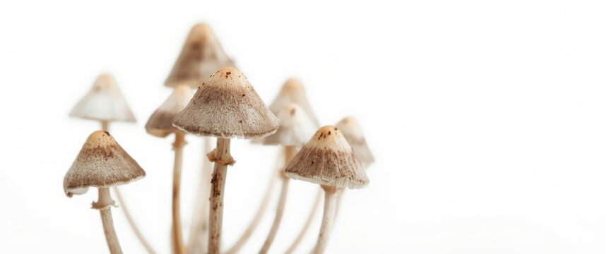 Conical brittlestem (Parasola conopilus) mushrooms isolated against white background