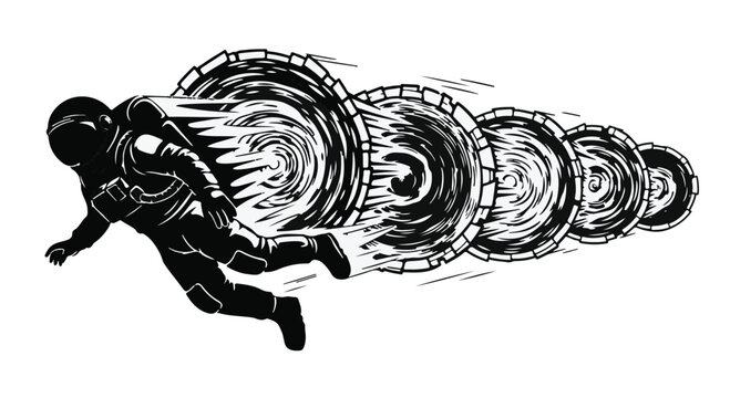 Astronaut hurtling through cosmic wormhole, exploring the unknown universe