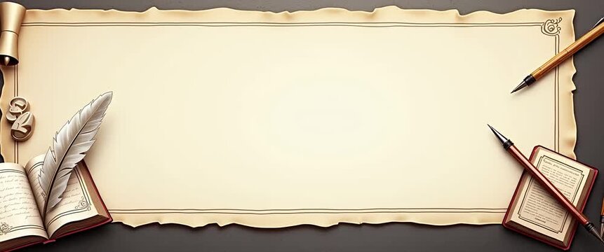 Antique scroll and quill pen rest on an open book, gently swaying as the camera slowly pans over this vintage writing scene, capturing a nostalgic, cinematic ambiance.