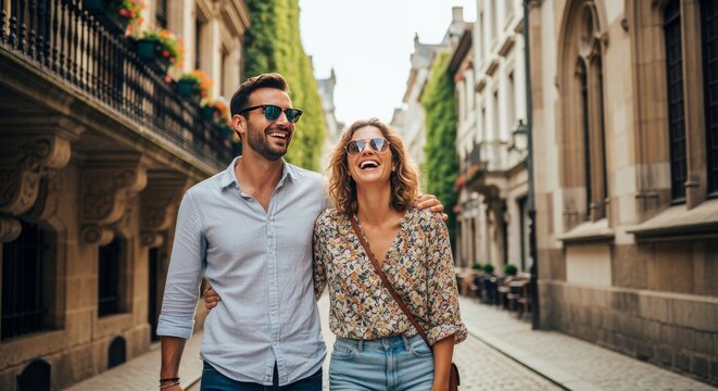 Joyful couple exploring city streets urban setting photography bright environment candid viewpoint adventure