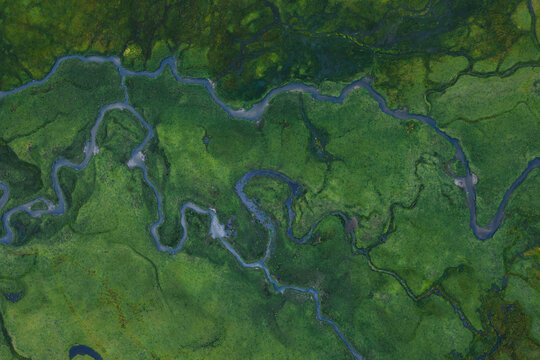 Aerial view of serpentine river snaking through the lush, vibrant green valley floor, creating a mesmerizing pattern from above, Phobjikha Valley, Wangdue Phodrang, Bhutan.