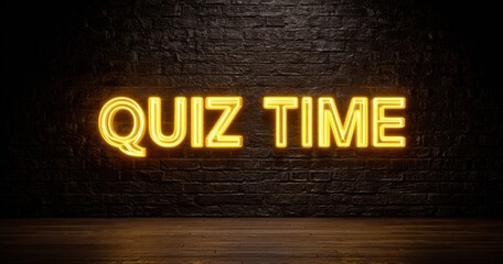 The Quiz Time neon sign glowing on rustic brick wall with wooden floor