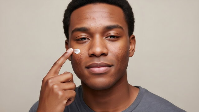 Young african american man applying cream to his face. Skincare routine for male beauty. Dermatology and self-care concept for healthy skin treatment. On a beige background.