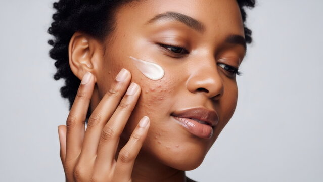 Woman applying cream on her face with acne problem. Skincare routine and beauty treatment. Dermatology and skin health care. Gray background.