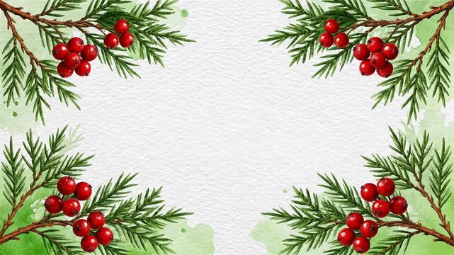 Festive evergreen branches with red berries create a beautiful Christmas border