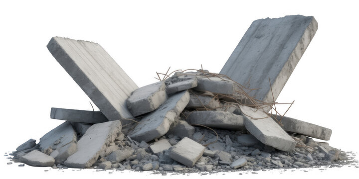 Pile of broken concrete rubble pile of debris isolated on a transparent background