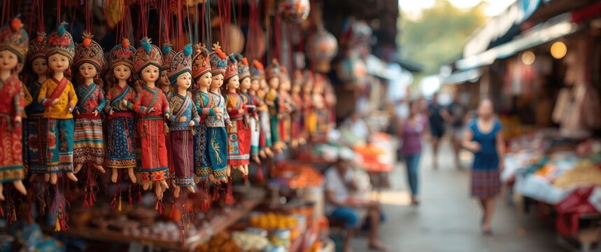 Colorful handcrafted dolls for sale in a Myanmar street market