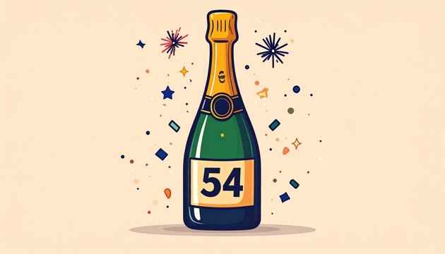 Cartoon champagne bottle with number 54 on the label. Simple illustration for birthday or anniversary party