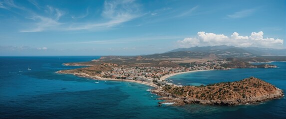Bird's eye view of a seaside residential area featuring clear blue waters and a rugged coastline travel,nature,landscape,sea,architecture,blue,ocean,community,island,mediterranean