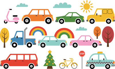 Cute transport vehicles vector set, colorful cars bus taxi scooter bicycle truck, kids city elements, isolated on white.