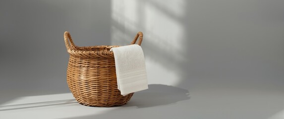White cotton fabric towel in a straw wicker basket, eco chic bamboo basket for stylish home decor on gray background, handmade interior accessory